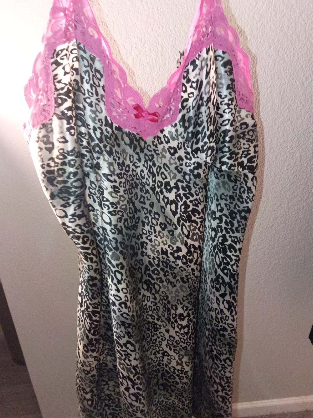 Pink Lace Trim Leopard Satin Chemise Sleepwear
